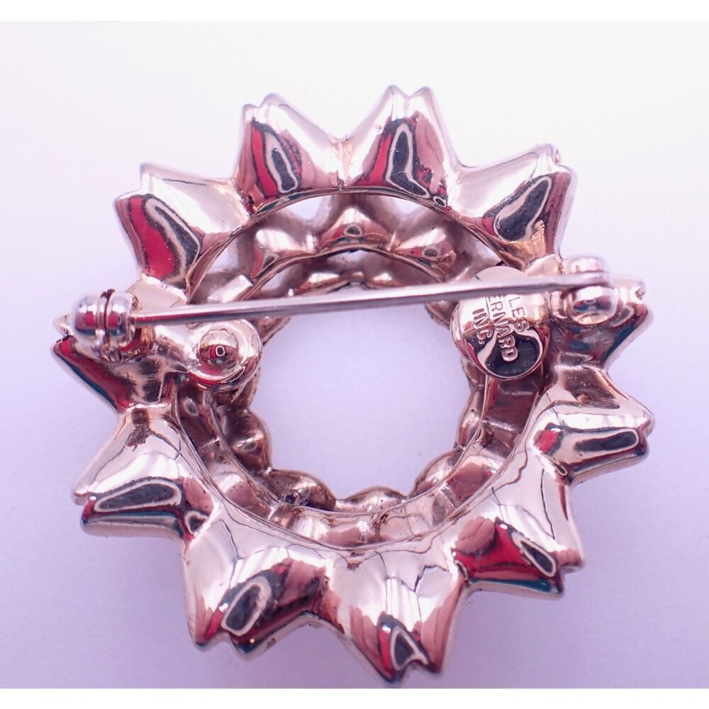 Three Dimensional Les Bernard Gold Plated Pink Rhinestone and Marcasite Flower - Picture 2 of 2